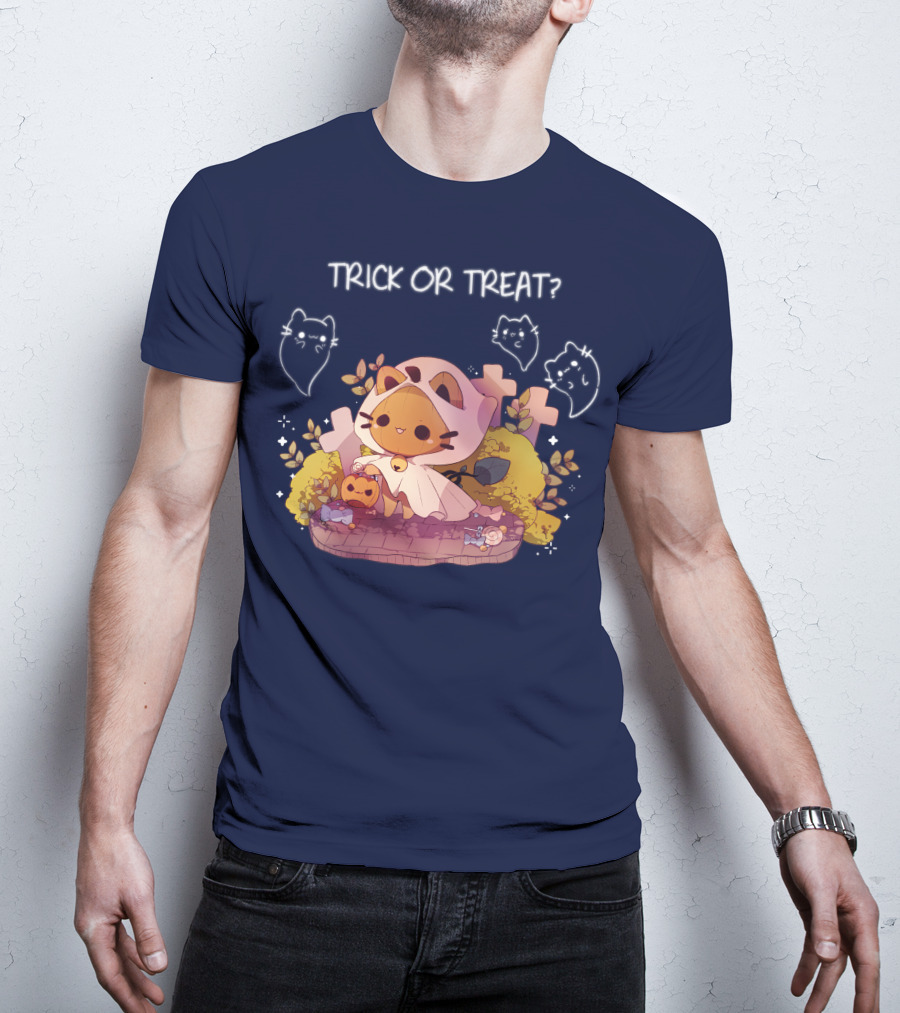 Trick Or Treat Kitty Ghost With Pumpkin And Crosses T-Shirt