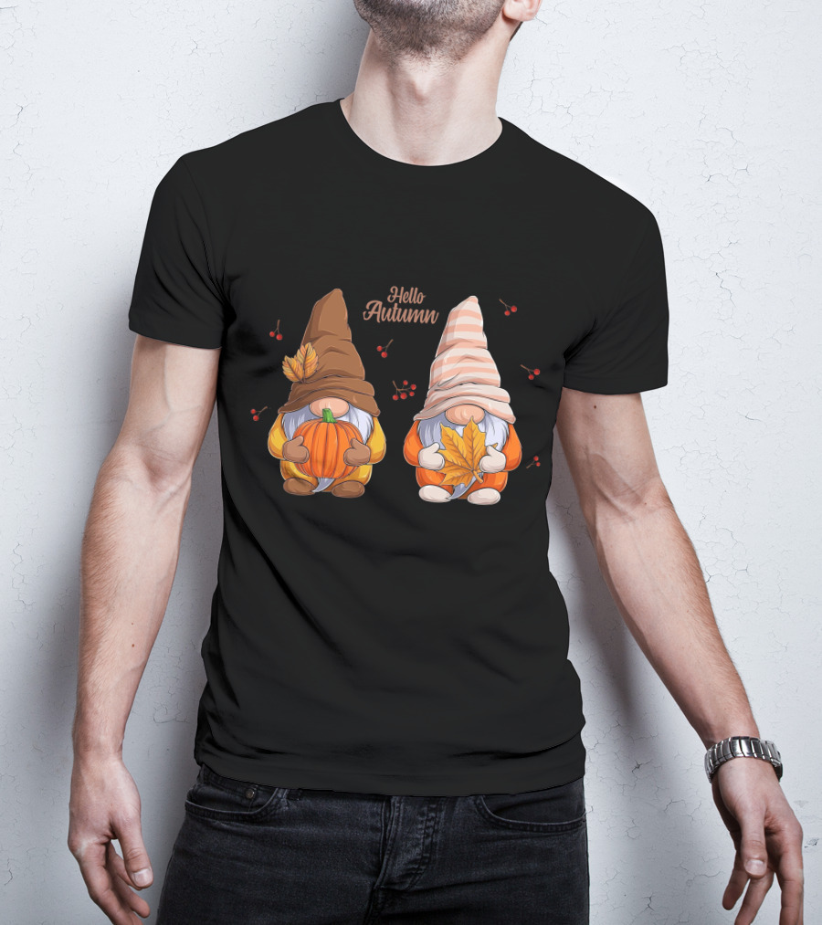 Hello Autumn Gnomes With Pumpkin And Leaf T-Shirt
