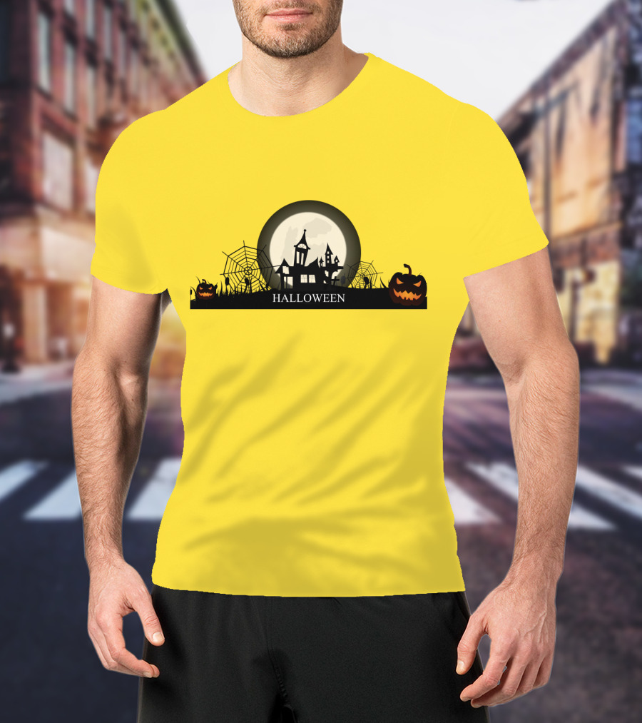 Haunted House And Jack-o'-Lantern Silhouette With Full Moon Halloween Scene T-Shirt