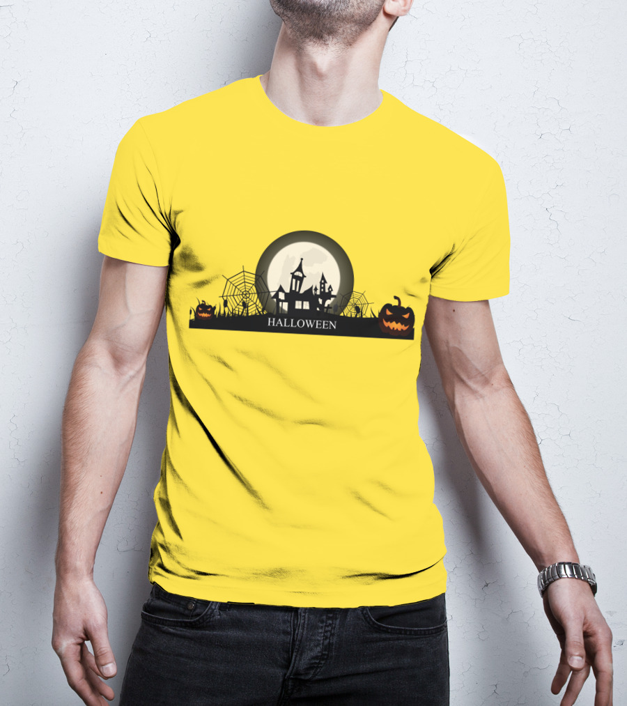 Haunted House And Jack-o'-Lantern Silhouette With Full Moon Halloween Scene T-Shirt