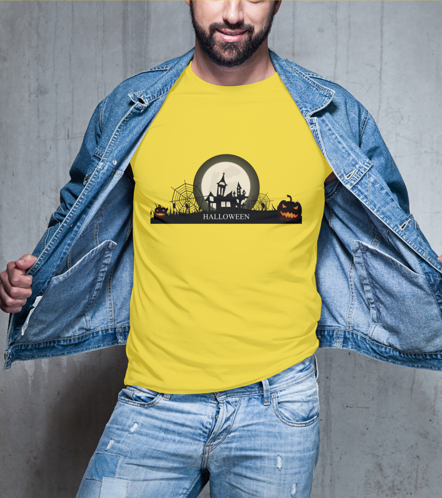 Haunted House And Jack-o'-Lantern Silhouette With Full Moon Halloween Scene T-Shirt