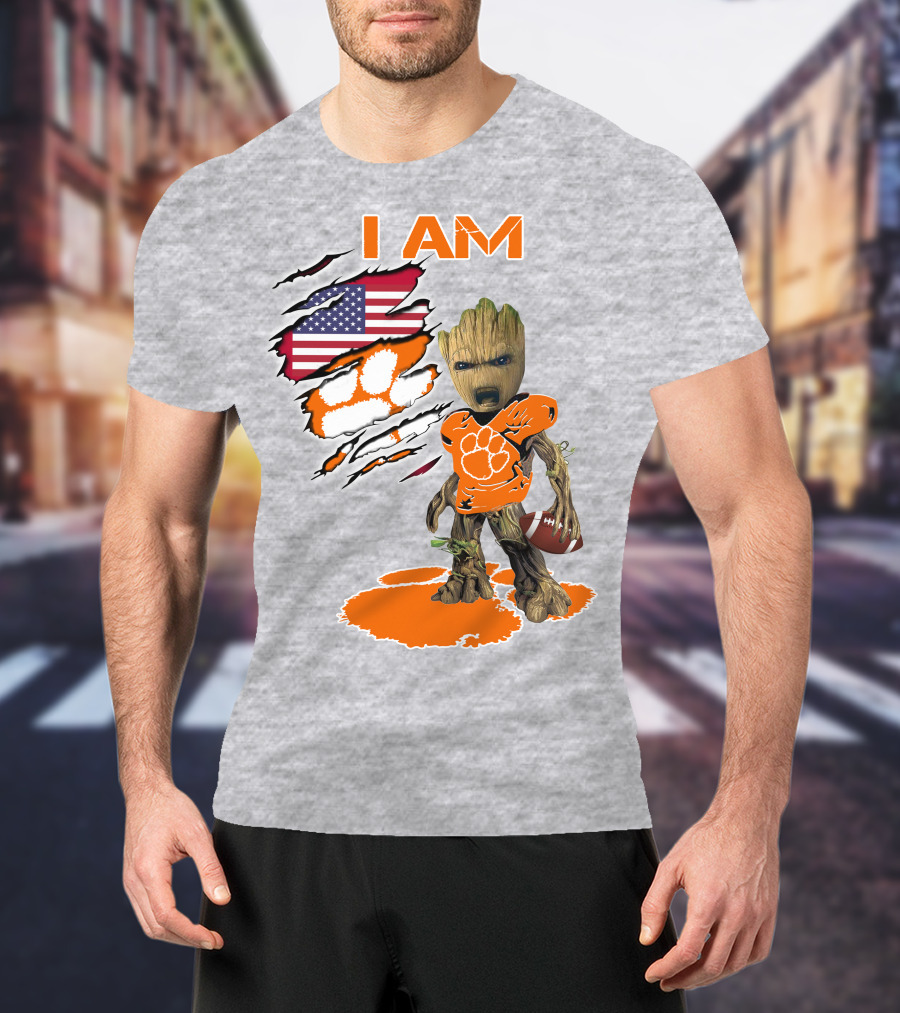 I AM Groot Clemson Football American Flag Background T-Shirt
