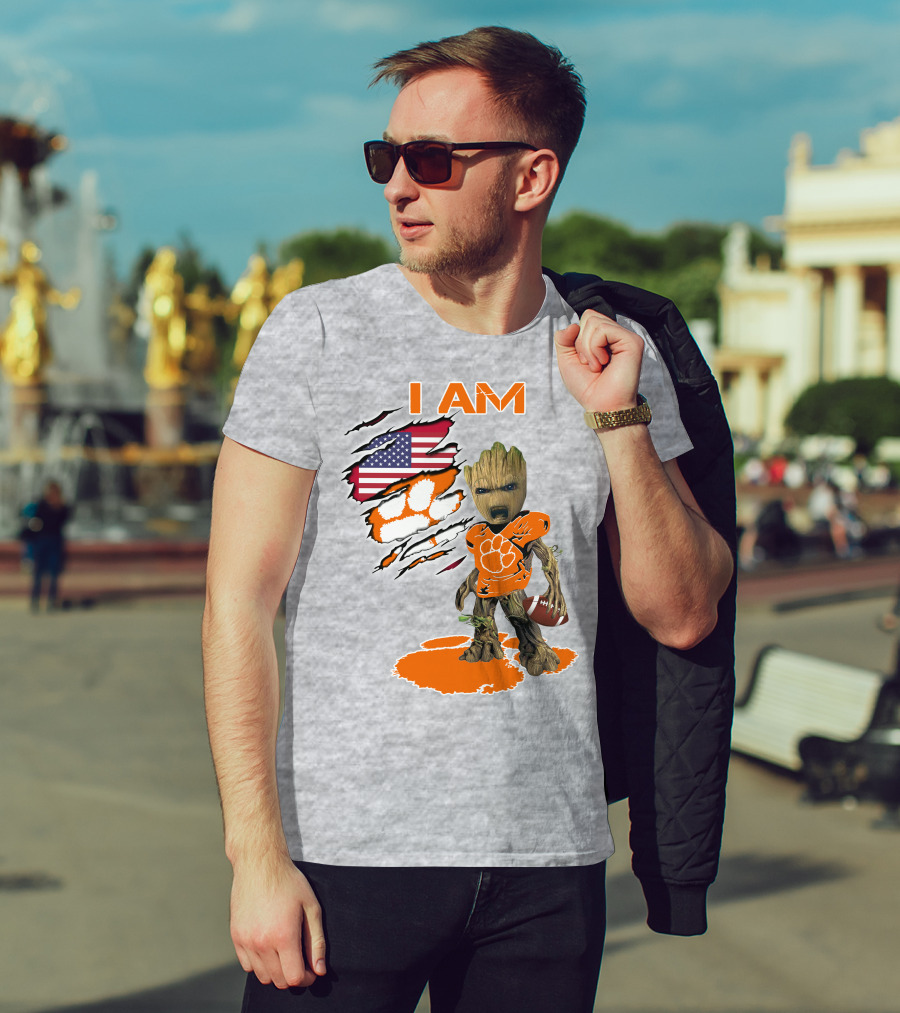 I AM Groot Clemson Football American Flag Background T-Shirt