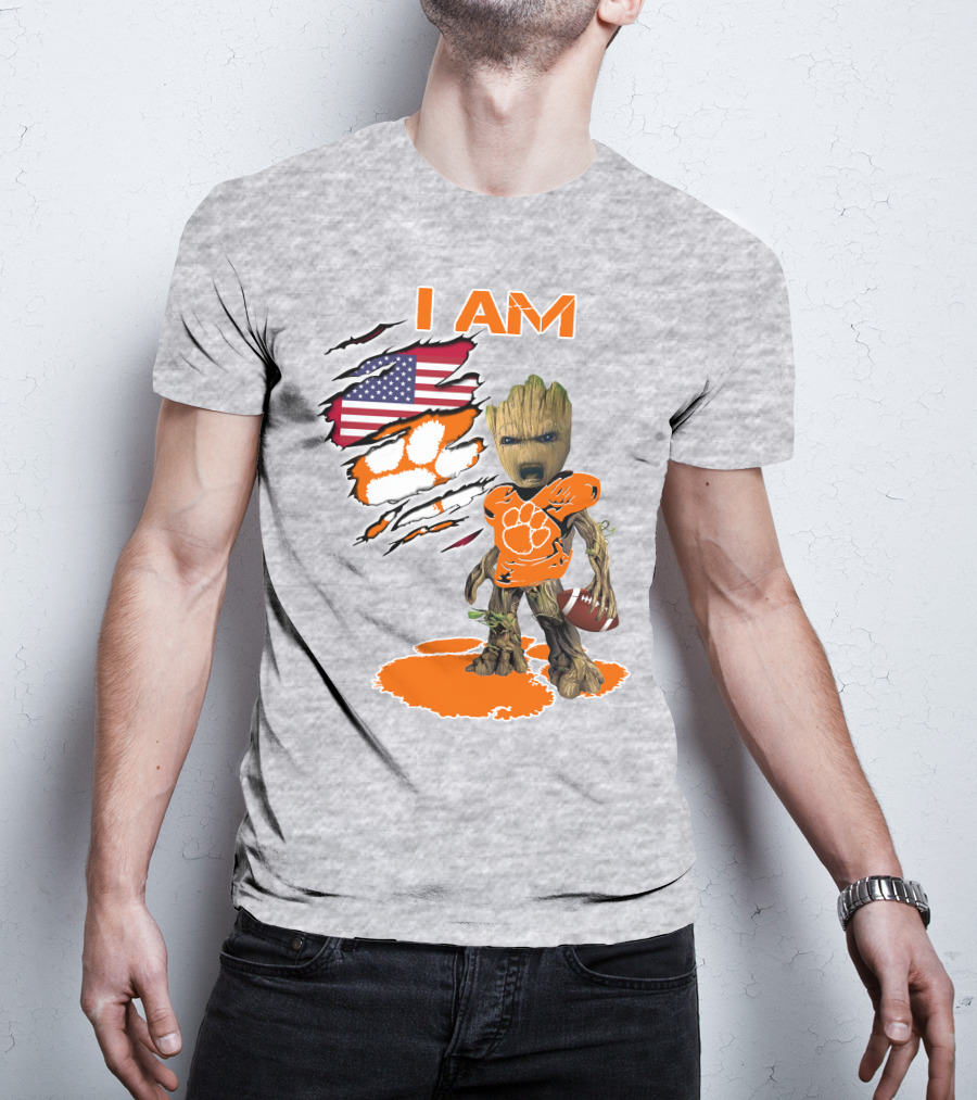 I AM Groot Clemson Football American Flag Background T-Shirt
