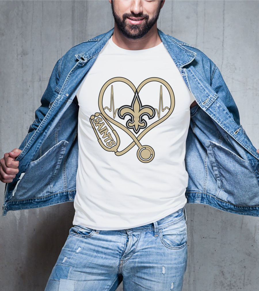 Nurse Love Saints Heartbeat Fleur-de-Lis Football T-Shirt