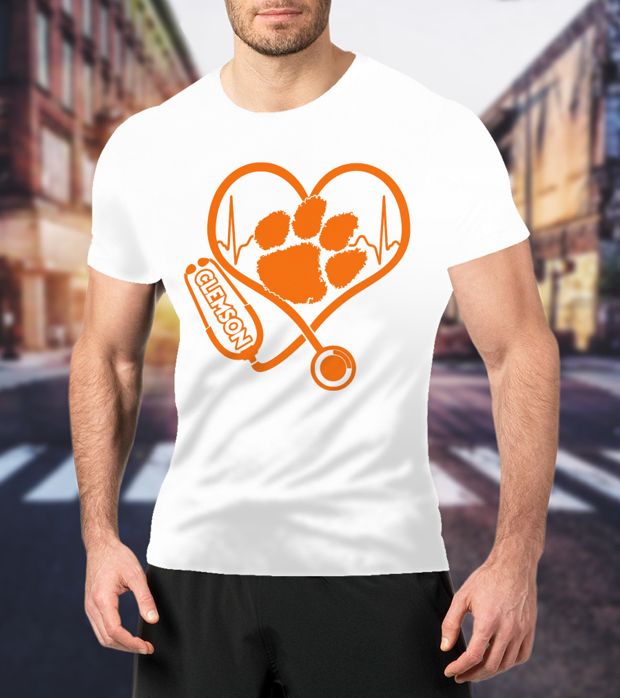 Clemson Tigers Nurse Heartbeat Paw Stethoscope T-Shirt