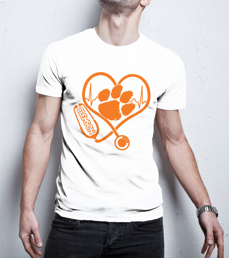 Clemson Tigers Nurse Heartbeat Paw Stethoscope T-Shirt