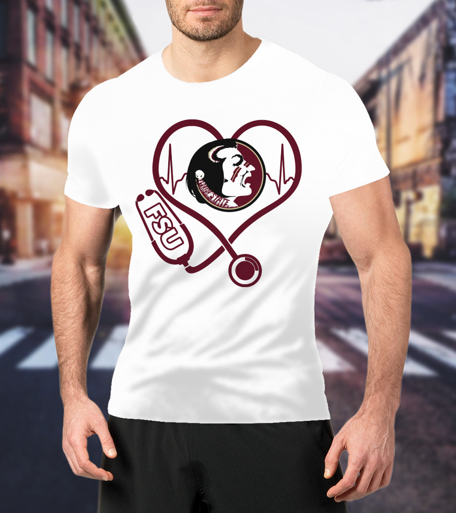 Nurse Love FSU Florida State Seminoles Heartbeat Logo Stethoscope T-Shirt