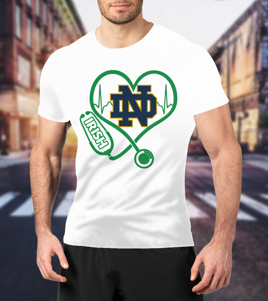 Nurse Love ND Irish Heartbeat Stethoscope Notre Dame Fighting Irish T-Shirt