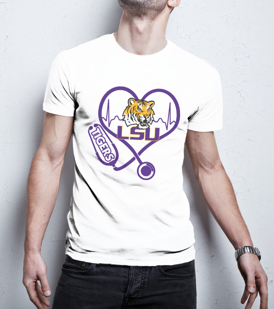 Nurse Love LSU Tigers Heartbeat Stethoscope Tiger T-Shirt