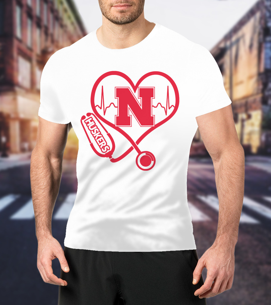 Nurse Love Nebraska Huskers Heartbeat Stethoscope T-Shirt
