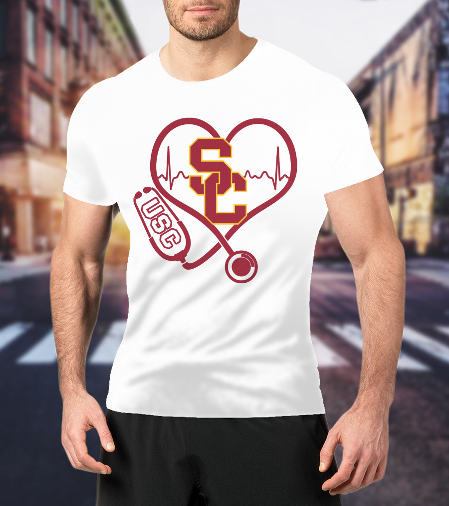 Nurse Love SC USC Trojans Heartbeat Stethoscope T-Shirt
