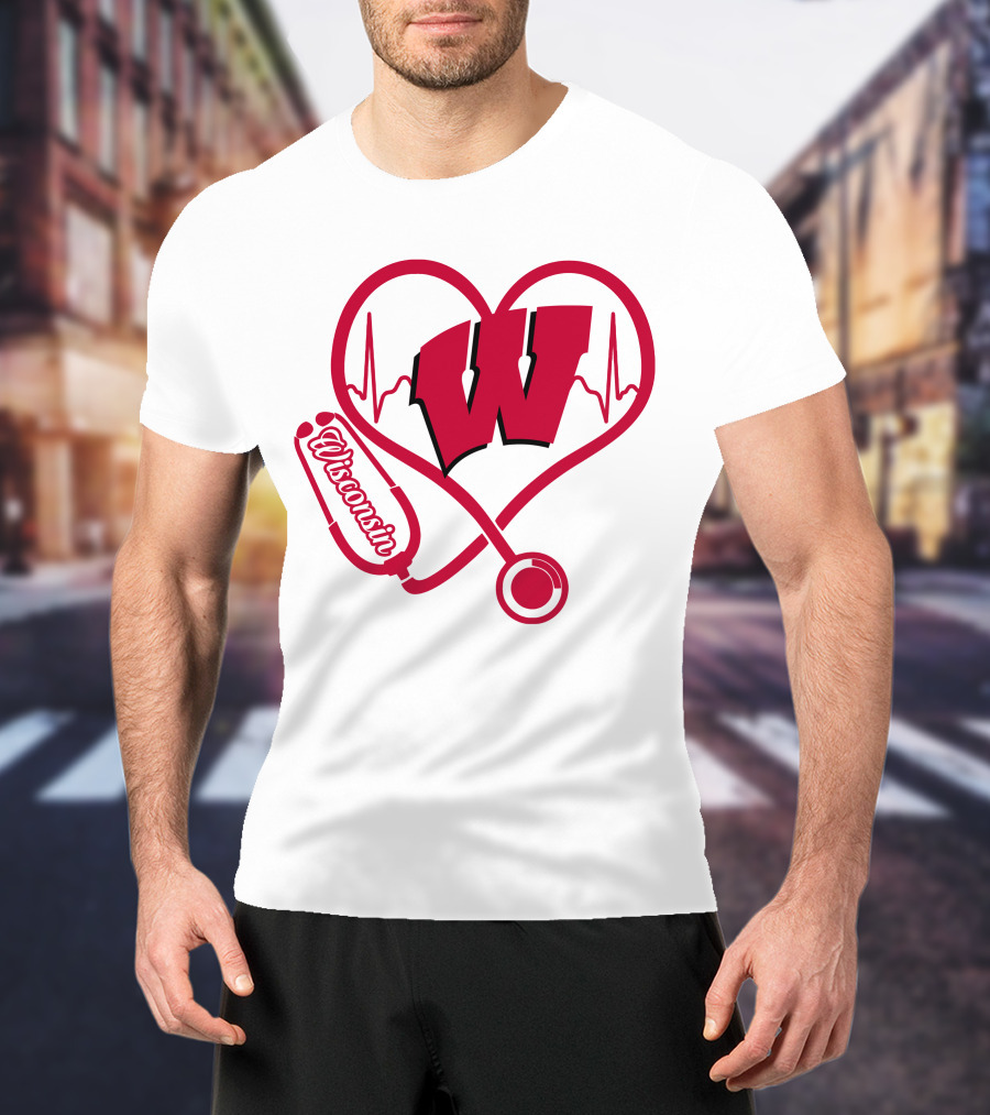 Nurse Love Wisconsin Badgers Heartbeat Stethoscope T-Shirt