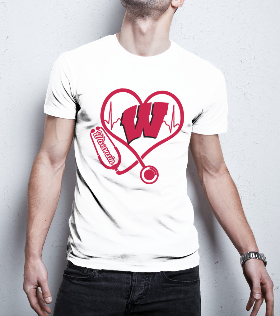 Nurse Love Wisconsin Badgers Heartbeat Stethoscope T-Shirt