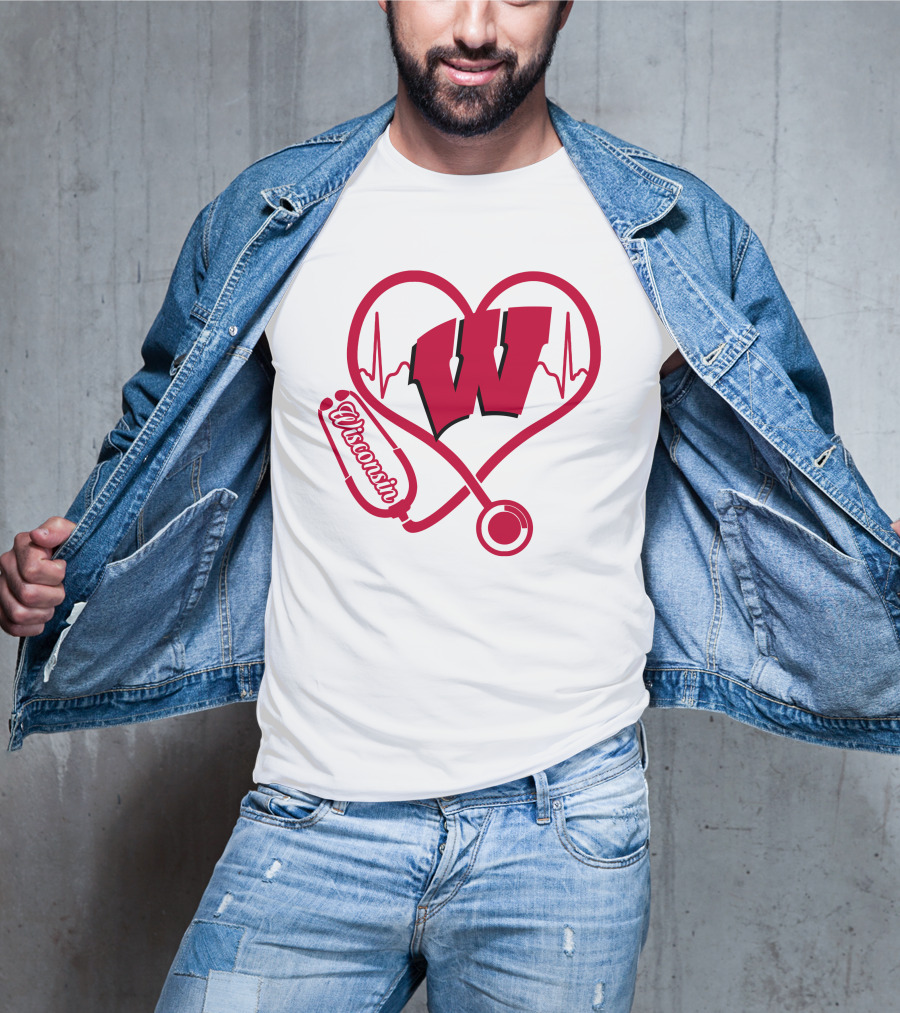 Nurse Love Wisconsin Badgers Heartbeat Stethoscope T-Shirt