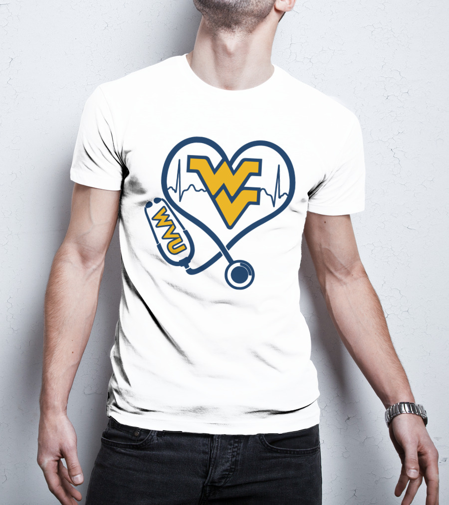 West Virginia Mountaineers Nurse Love WVU Stethoscope Heartbeat T-Shirt