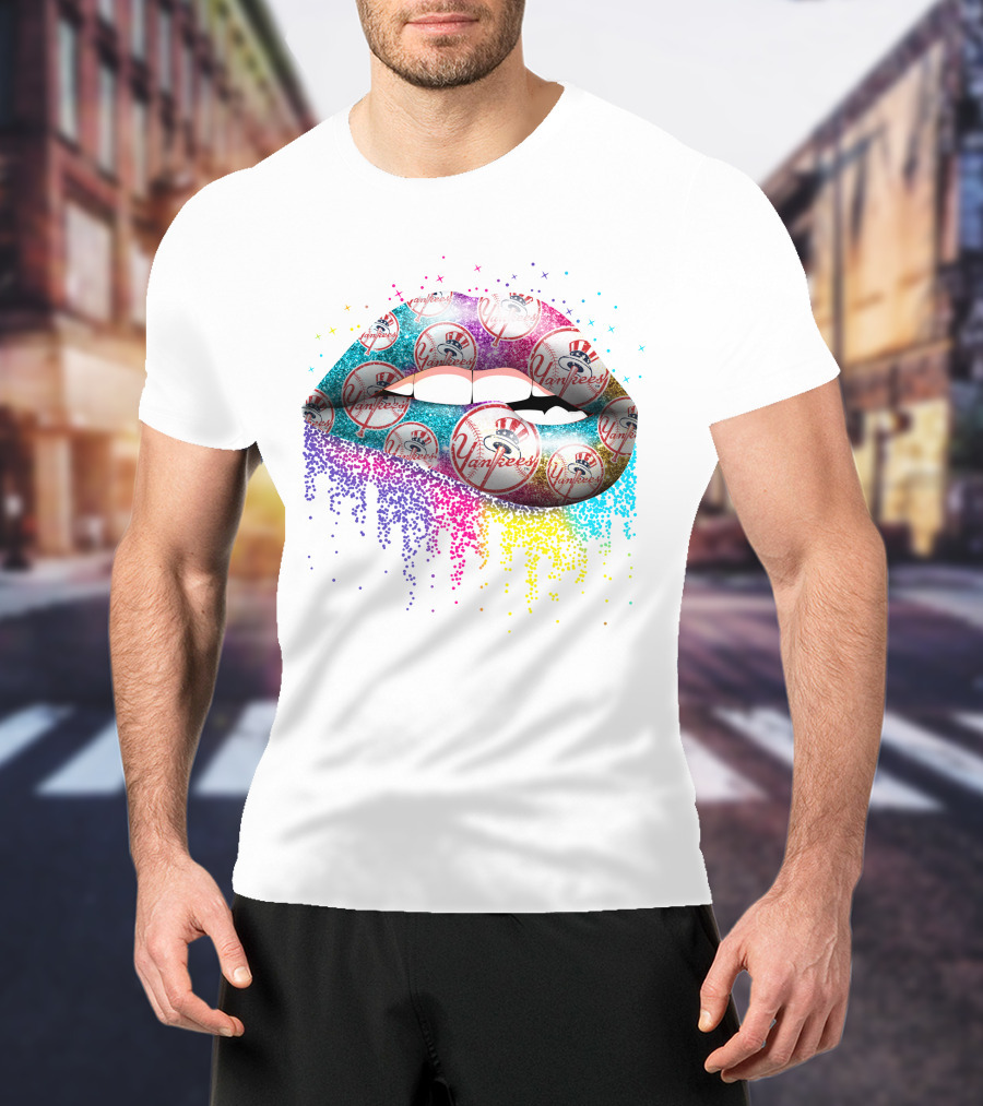 Yankees Lips Colorful Glitter Baseball T-Shirt