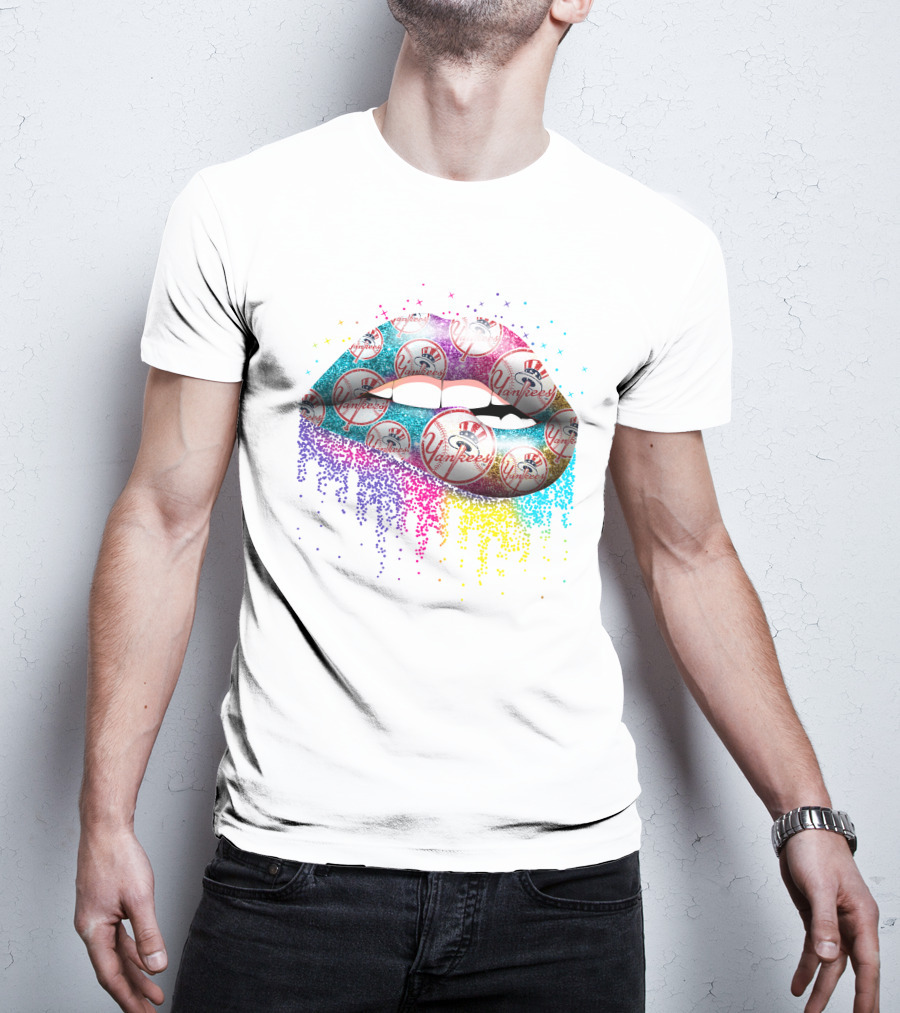 Yankees Lips Colorful Glitter Baseball T-Shirt
