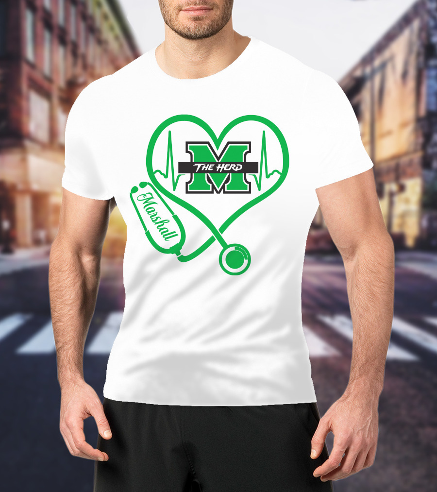Marshall Thundering Herd Nurse Love Heartbeat Stethoscope T-Shirt