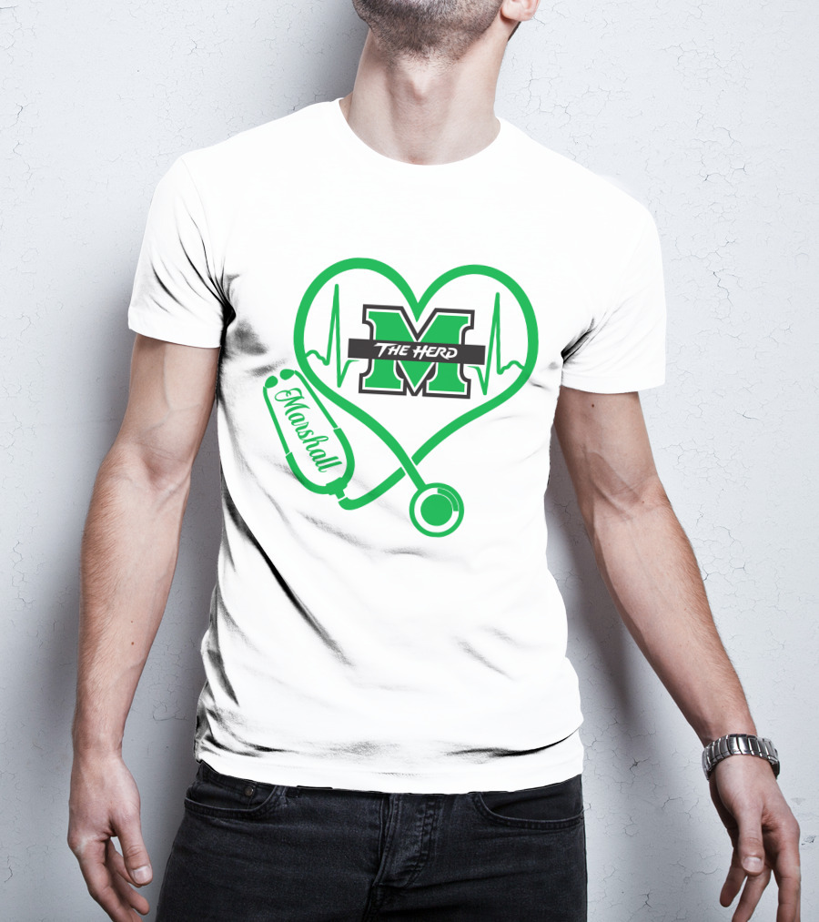 Marshall Thundering Herd Nurse Love Heartbeat Stethoscope T-Shirt