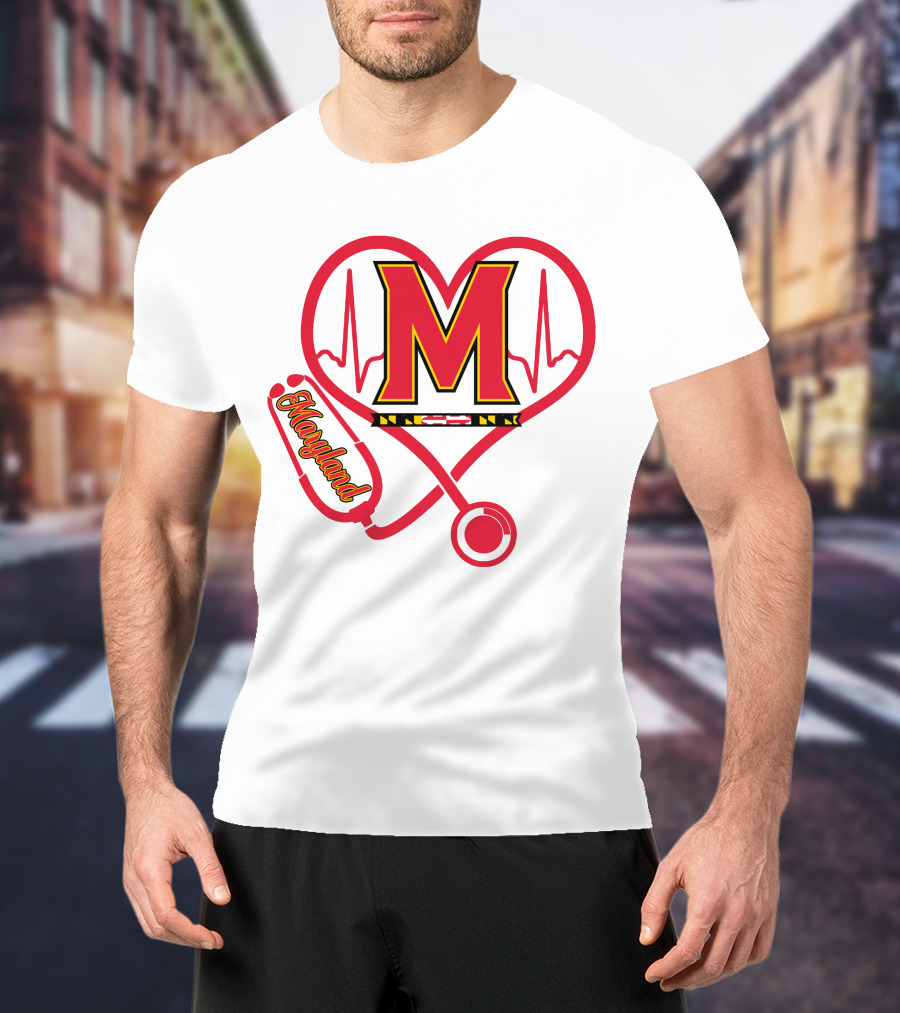 Nurse Love Maryland Terps Heartbeat Stethoscope T-Shirt