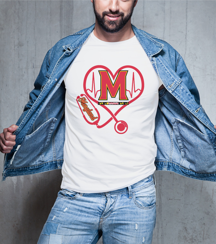 Nurse Love Maryland Terps Heartbeat Stethoscope T-Shirt