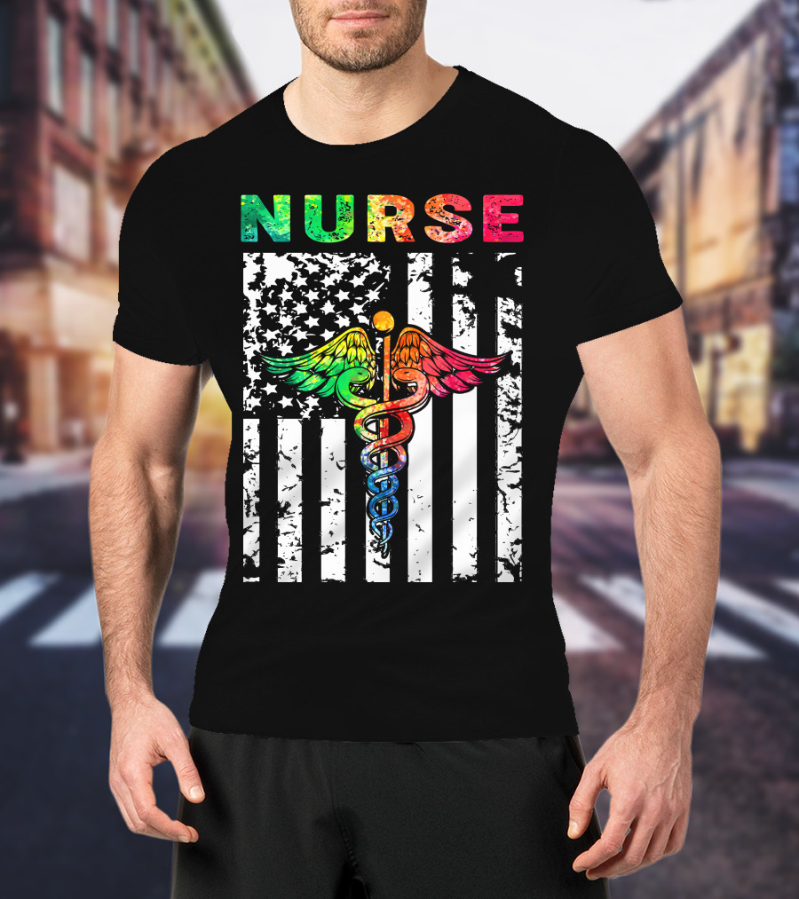 Nurse Usa Flag With Rainbow Caduceus Symbol T-Shirt
