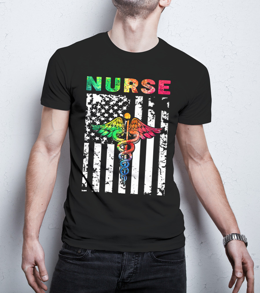 Nurse Usa Flag With Rainbow Caduceus Symbol T-Shirt