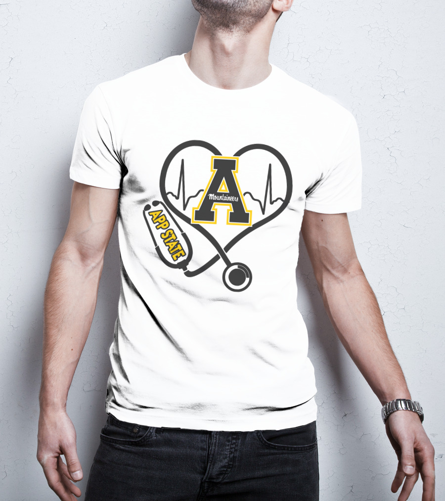 Nurse Heartbeat Love App State Mountaineers A Logo Stethoscope T-Shirt