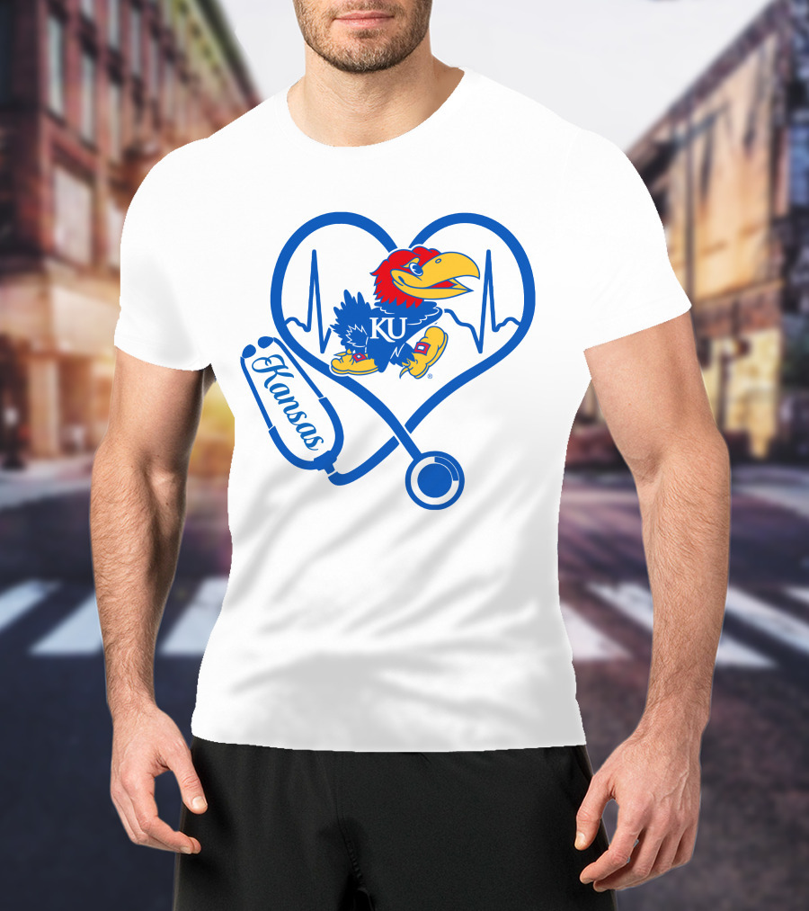 Nurse Love Kansas Jayhawks Heartbeat Stethoscope KU T-Shirt