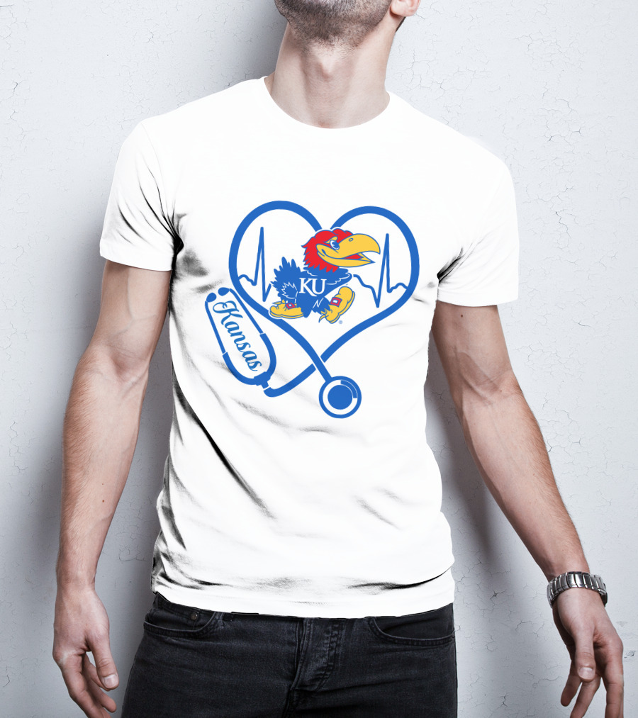 Nurse Love Kansas Jayhawks Heartbeat Stethoscope KU T-Shirt