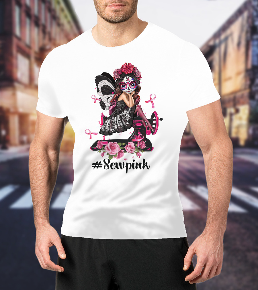 Sewpink Butterfly Sugar Skull Sewing Machine Ribbon Roses T-Shirt
