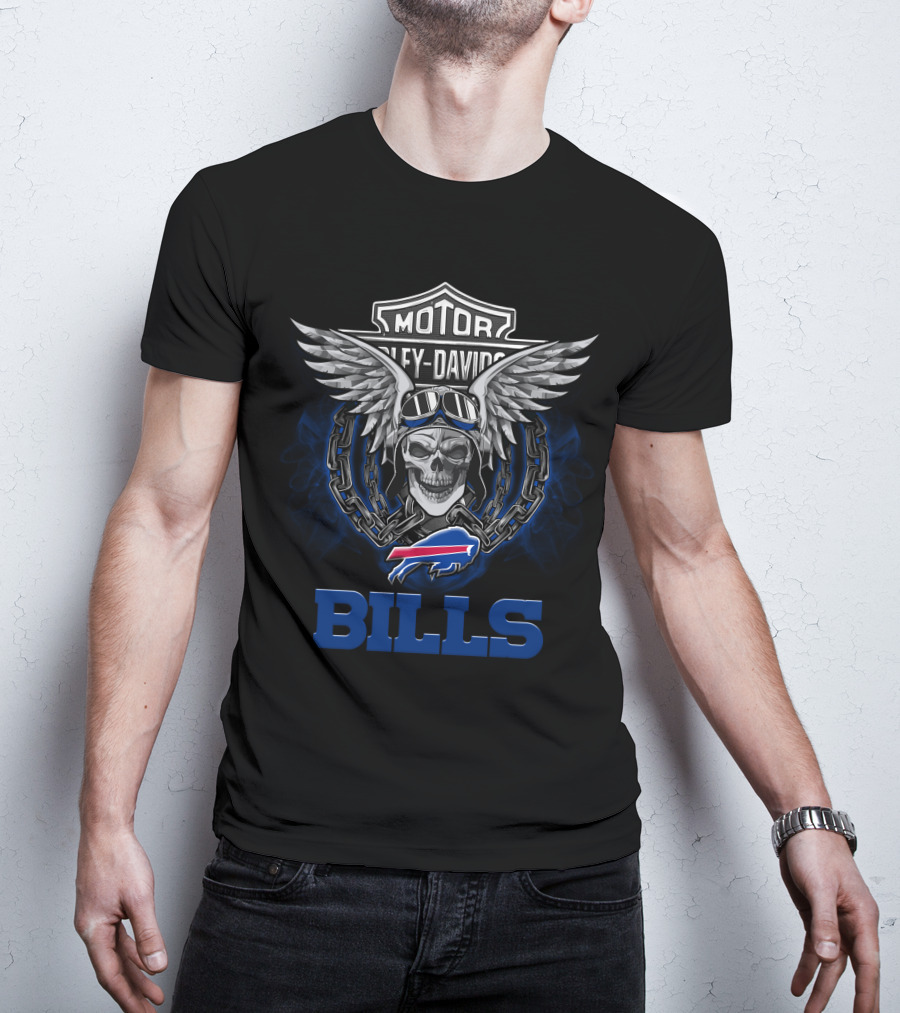 Harley Davidson Buffalo Bills Nfl Biker Skull Wings T-Shirt