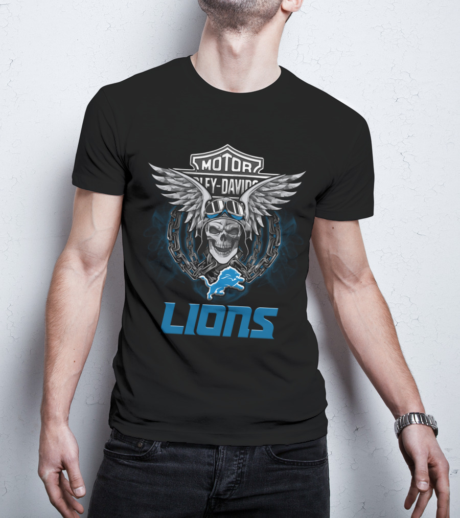 Harley Davidson Motor Detroit Lions Biker Skull Wings Nfl T-Shirt