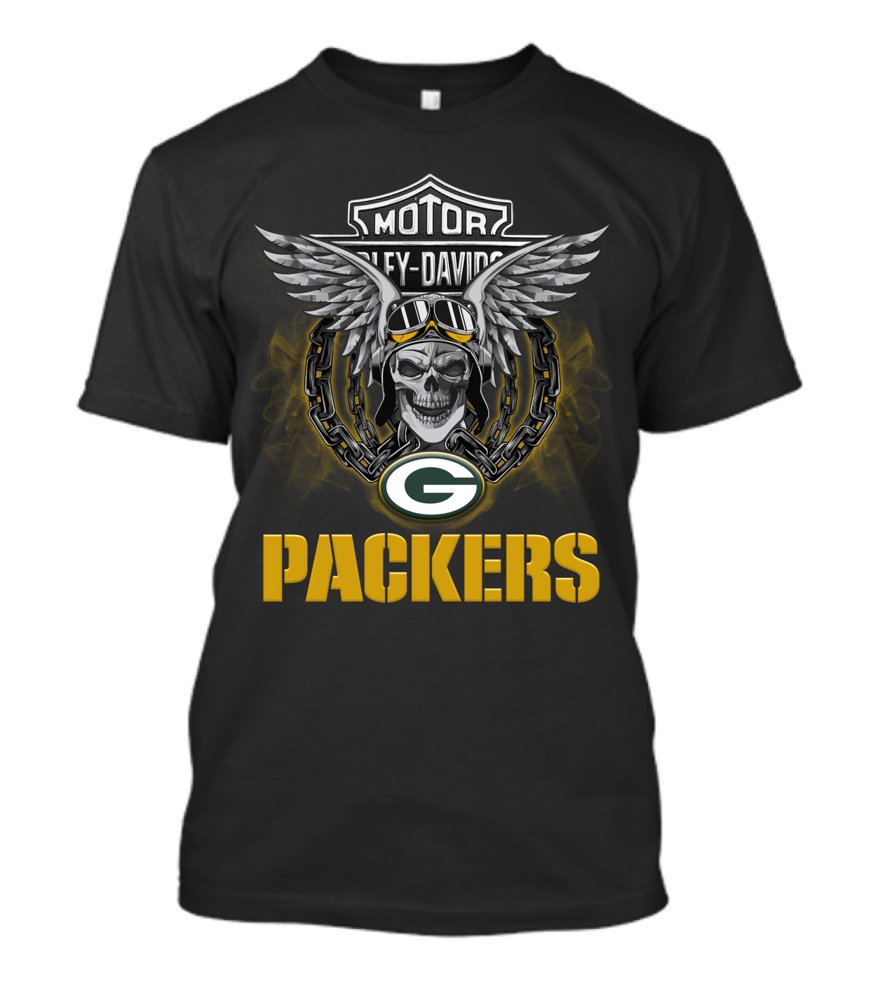 Harley Davidson Motor Skull With Winged Goggles And Nfl Green Bay Packers T-Shirt