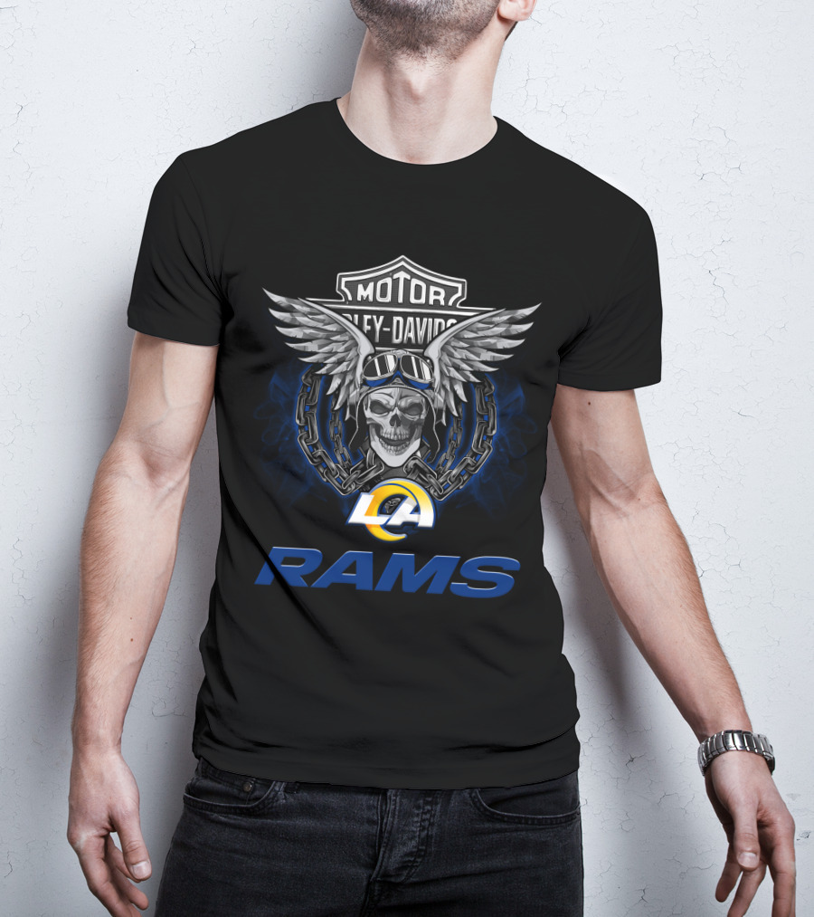 Harley Davidson Motorcycle Biker Skull Wings Nfl Los Angeles Rams T-Shirt