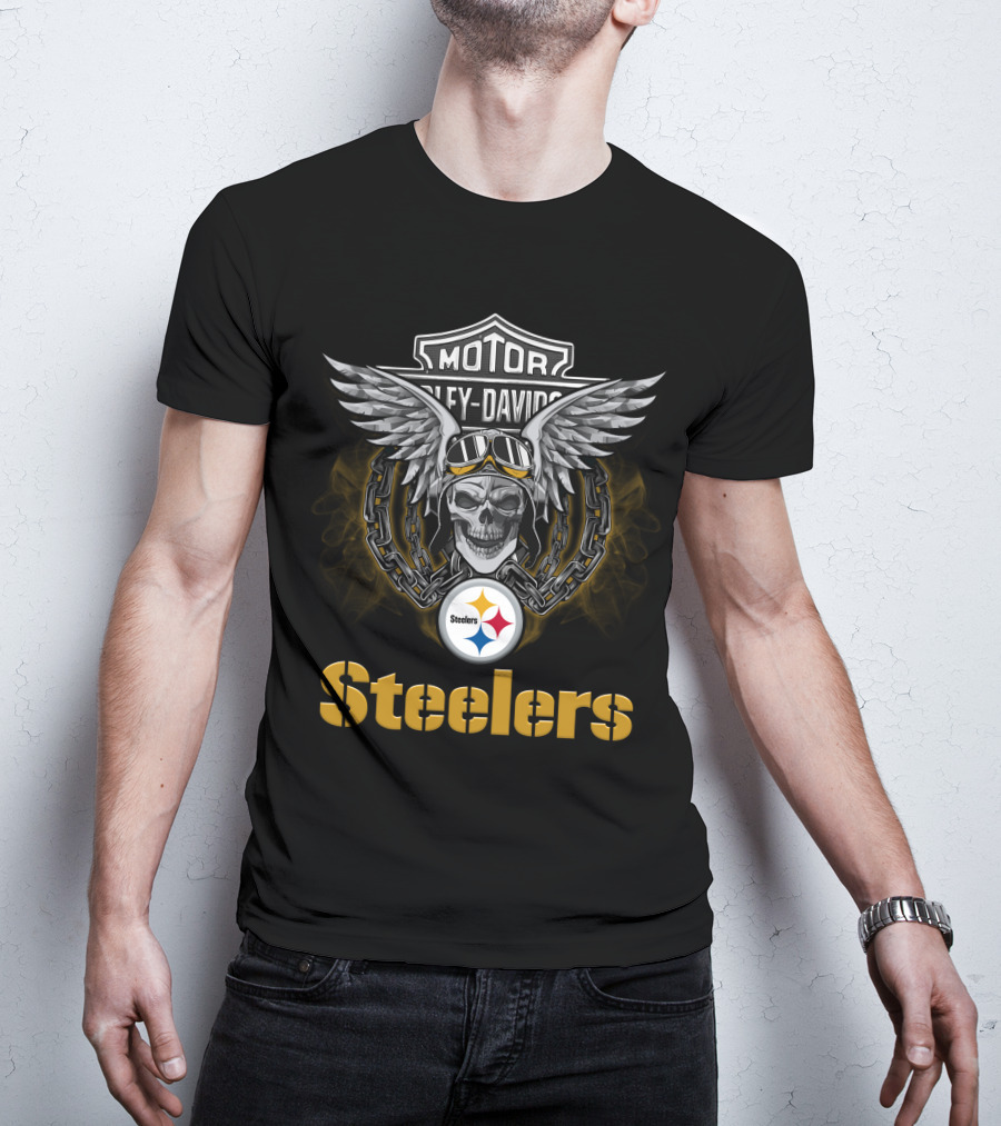 Harley Davidson Motorcycle Biker Skull Wings Steelers Nfl Pittsburgh Steelers T-Shirt