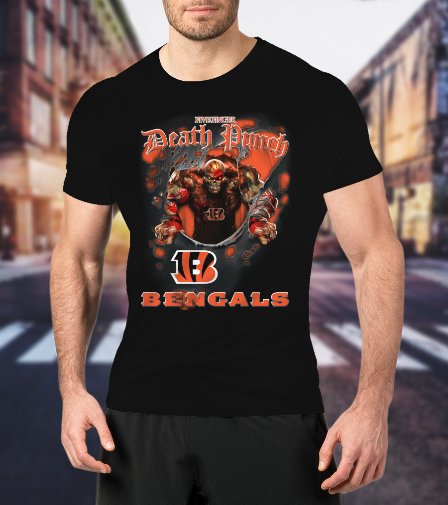 Five Finger Death Punch Nfl Cincinnati Bengals Biker Theme With Harley Davidson Elements T-Shirt