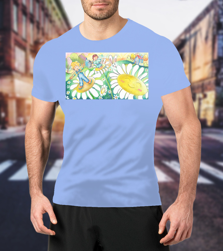 Lodo Happy Sunflower Meadows With Kids And Bunny In A Vibrant Landscape T-Shirt