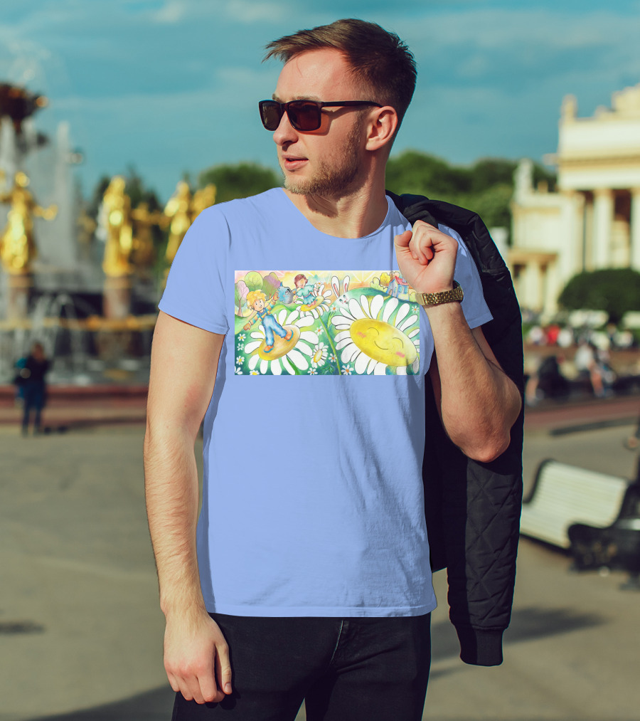 Lodo Happy Sunflower Meadows With Kids And Bunny In A Vibrant Landscape T-Shirt