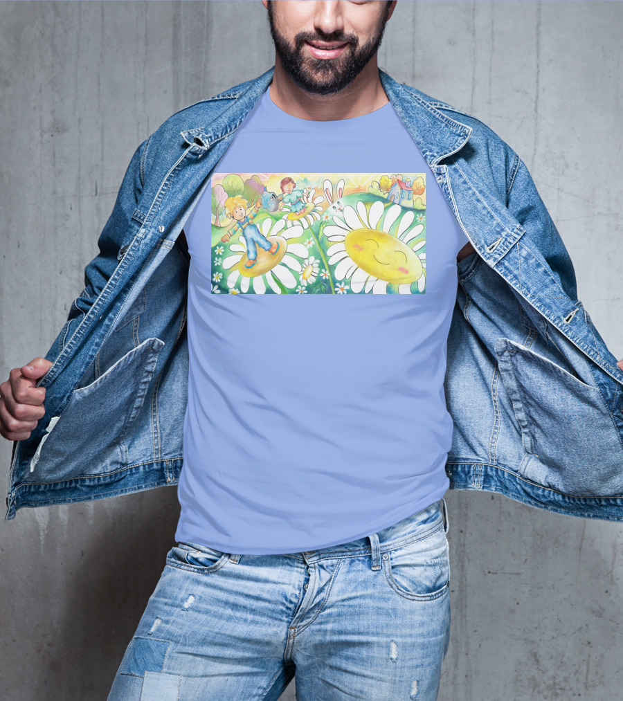 Lodo Happy Sunflower Meadows With Kids And Bunny In A Vibrant Landscape T-Shirt