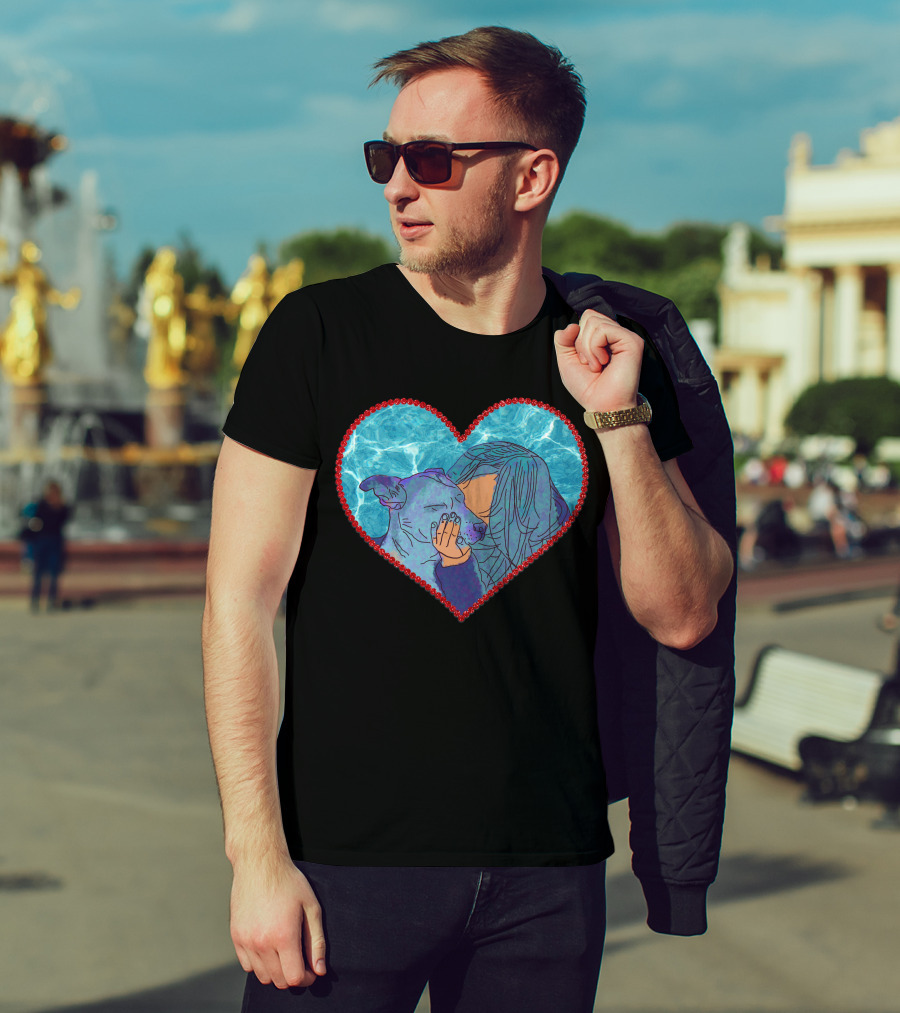Adopt Don't Shop Heart Embrace Of Woman And Dog In Blue And Red Heart T-Shirt