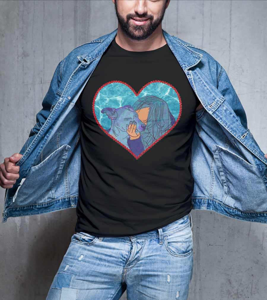 Adopt Don't Shop Heart Embrace Of Woman And Dog In Blue And Red Heart T-Shirt