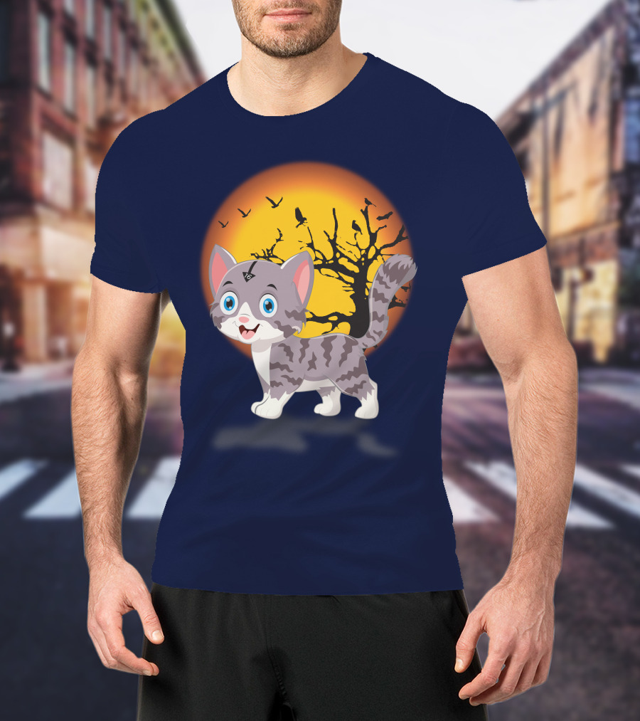 Cute Kittens Halloween Night Moonlit Landscape T-Shirt