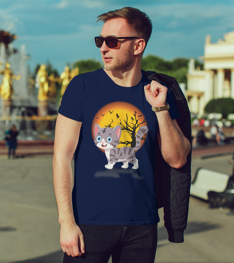 Cute Kittens Halloween Night Moonlit Landscape T-Shirt