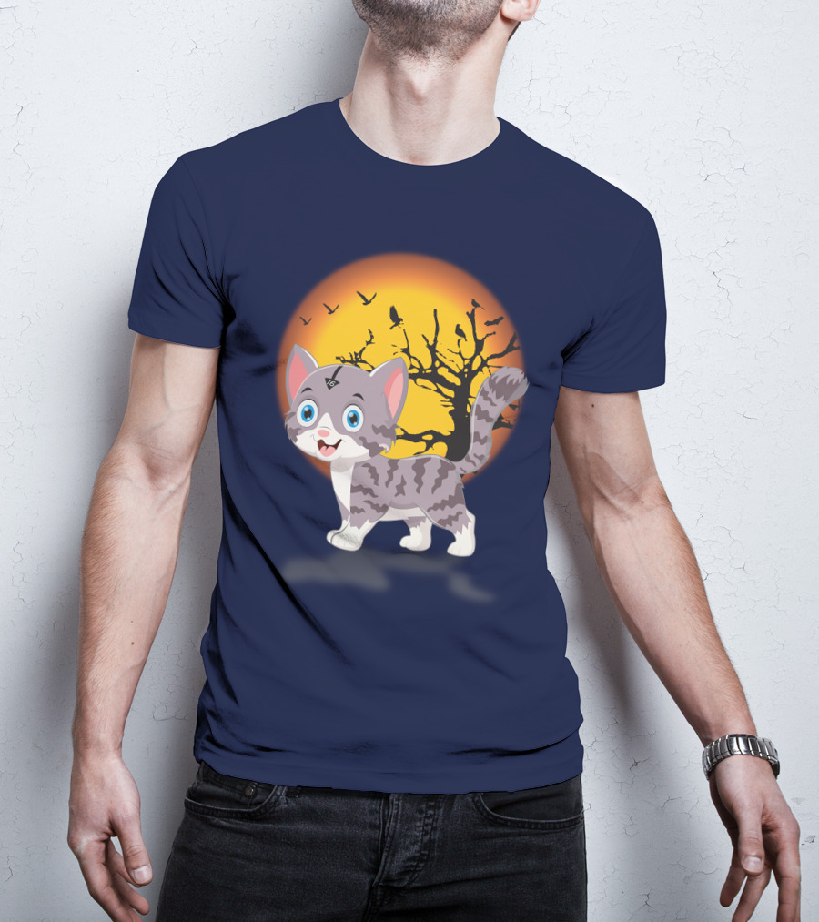 Cute Kittens Halloween Night Moonlit Landscape T-Shirt