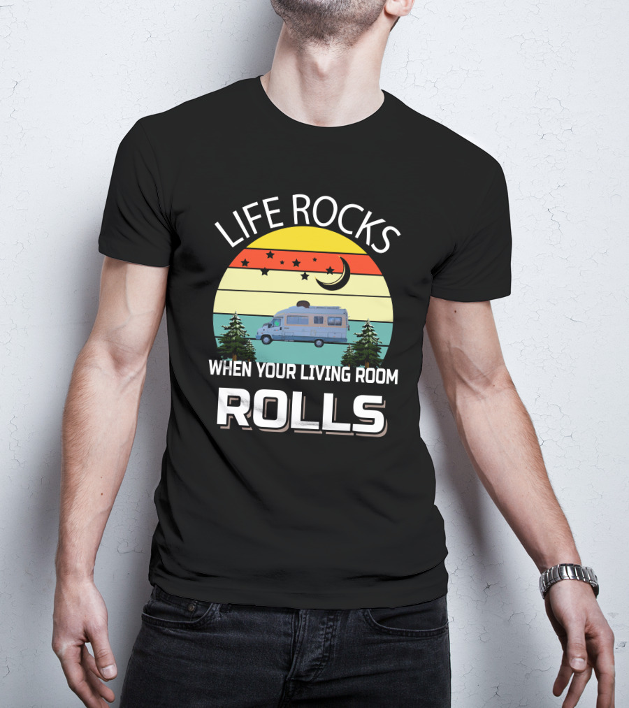 Life Rocks When Your Living Room Rolls Pilote Motorhomes Retro Sunset Campervan Scene T-Shirt
