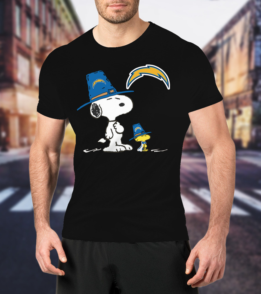 Snoopy And Woodstock In Chargers Hats With Lightning Bolt T-Shirt