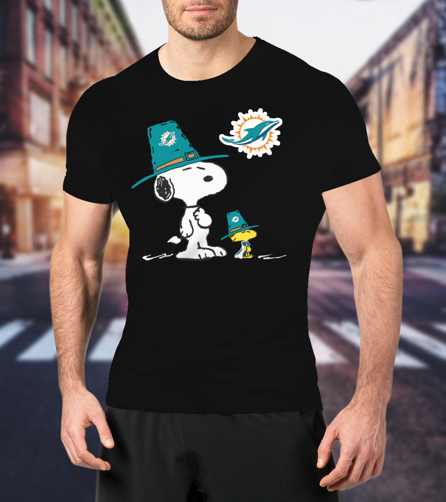 Miami Dolphins Snoopy Woodstock Thanksgiving Football T-Shirt