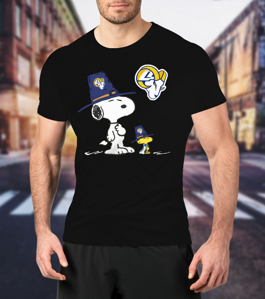 Los Angeles Rams Snoopy And Woodstock Thanksgiving Pilgrim Hat T-Shirt